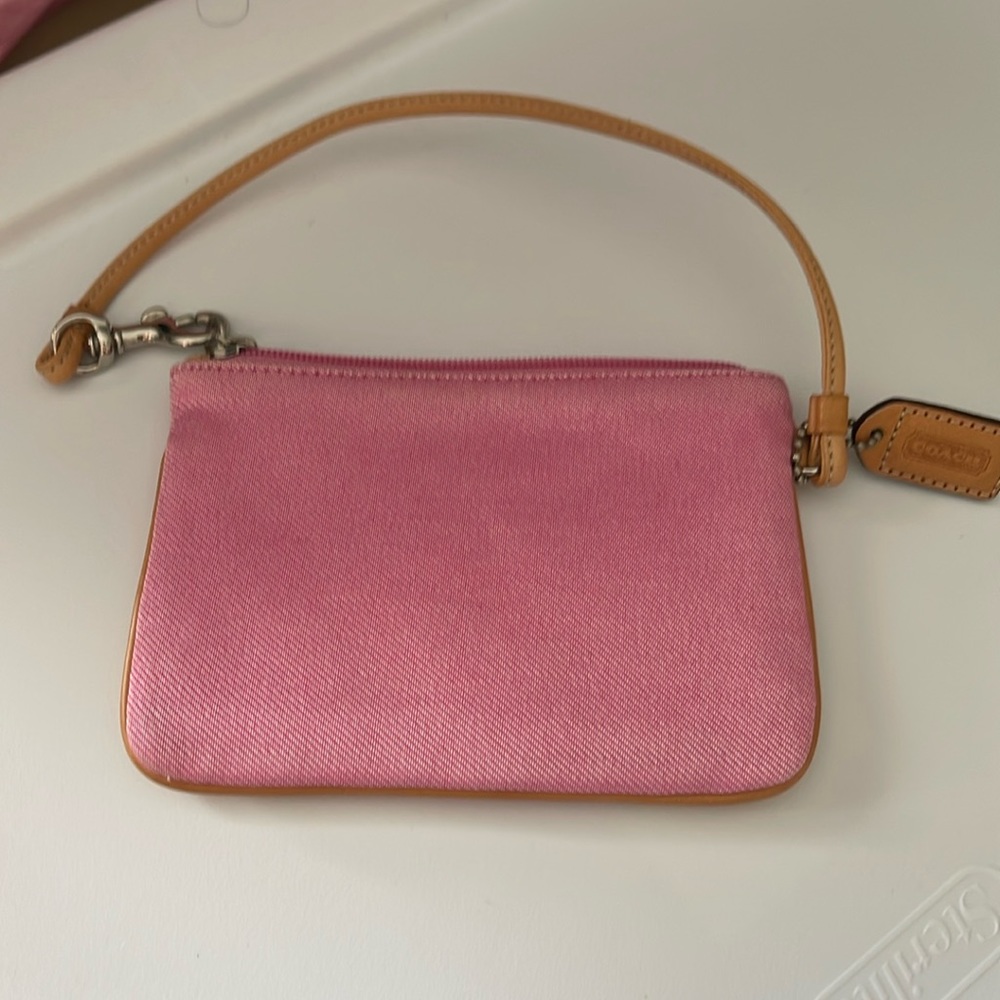 Coach Pink Coated Canvas Wristlet w Tan Leather Accents & Dog Dag - Picture 1 of 2